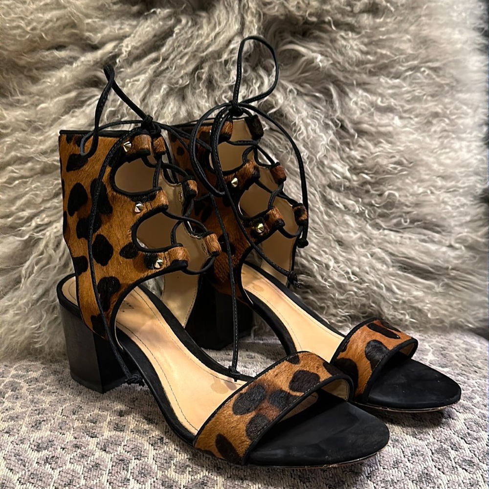 Schutz Leather And Calf-hair Block Heel Lace Up Sandal Leopard & Black Size 8.5